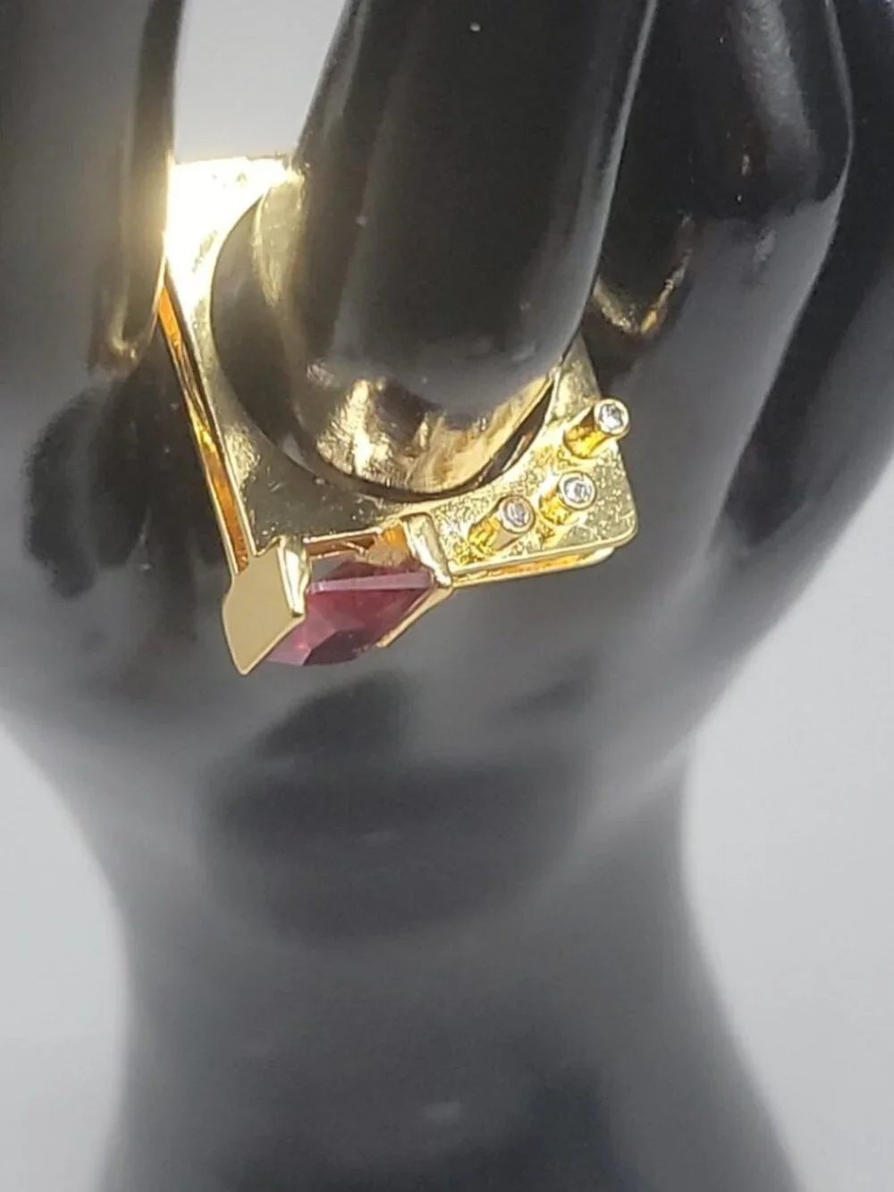 VTG Gold Vermeil Geometric Statement Ring Emerald Cut Pink Red Crystal 925 8.6
